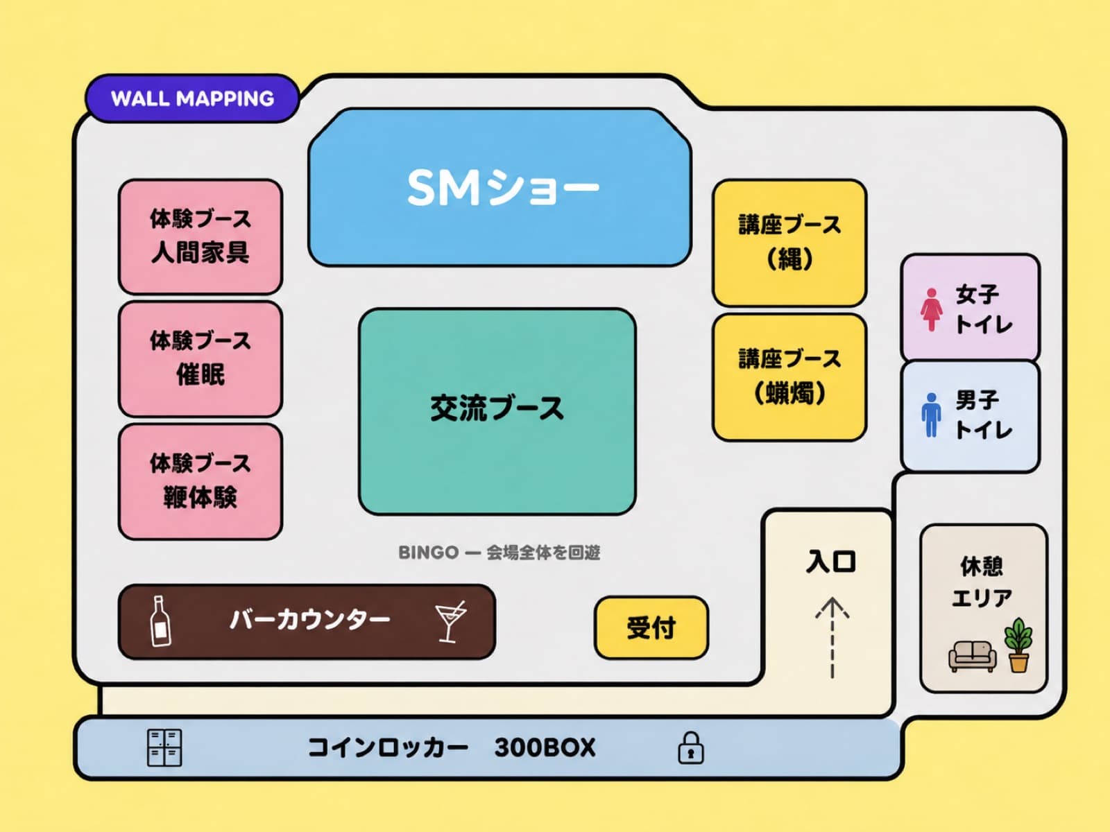 WARP SHINJUKU 会場マップ。SMショー/講座ブース(縄・蝋燭)/体験ブース(人間家具・催眠・鞭体験)/交流ブース/バーカウンター/受付/コインロッカー/休憩エリア/男女別トイレ/入口 を含む配置図。